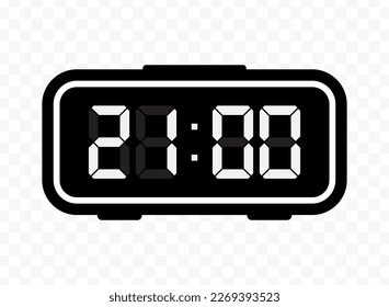 Vector illustration of twenty-one o'clock digital clock icon sign and symbol. Black icon for website design .Simple design on transparent background (PNG).