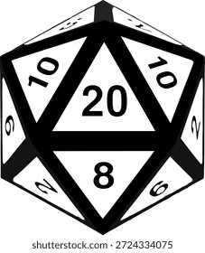 Ilustración vectorial de icono de dados de veinte lados con números en negrita, herramienta de juego de mesa, símbolo de juego de rol y diseño geométrico del juego