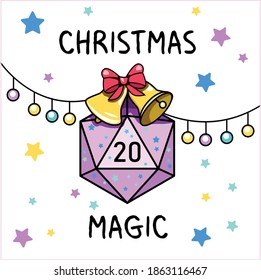 Vector illustration of twenty-sided purple dice in Christmas style with sparkles, bells and garlands and the inscription "Christmas" on a white background