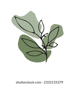 Vector illustration. Twig in a black outline in the style of hand drawing with graphic colored objects in a greenish color.