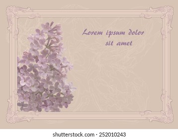 Vector illustration of twig blossoming lilac in vintage baroque frame on beige marble background. Each flower isolated