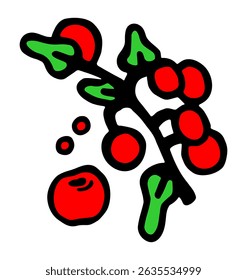 Ilustração vetorial de um galho com pequenos tomates maduros de cereja sobre um fundo branco isolado