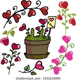 Vector illustration of twigs with hearts, flower pot with love. Elements for Valentine's Day. Ideal for paper, gift, textile products.