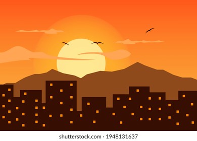 Ilustración vectorial de un paisaje de ocaso en la ciudad. Adecuado para contenido natural, aventura, viajes y otros.