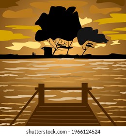 Vector illustration of a twilight or sunset with the silhouette of a tree and a small hut on the other side of the lake, and there is a wooden bridge