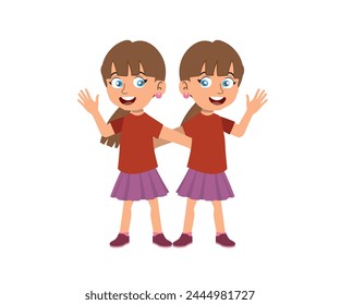 vector illustration of twin sisters, beautiful girls in matching clothes.