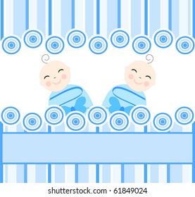 vector illustration of the twins boys on striped blue background.