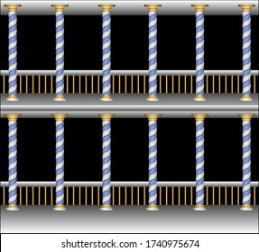 Vector illustration twisted columns and Golden railings two floors interior of the Palace