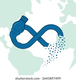 Ilustração vetorial de uma garrafa de plástico trançada em uma forma infinita quebrando em microplásticos sobre a Terra. Simbolizar plástico nunca desaparece de verdade e destaca a poluição global por plástico.