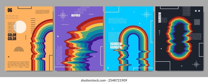 Ilustração vetorial. Forma de arco-íris torcido com elementos geométricos de padrão memphis. Elementos de design para cartaz, revista, capa de livro, layout, brochura. Retrô design de arte futurista. Arco boho distorcido