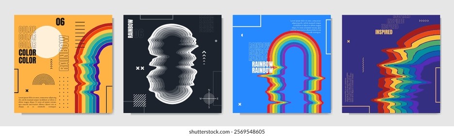 Vector illustration. Twisted rainbow shape with memphis pattern geometric elements. Design elements for web banner, social media template, blog post. Retro futuristic art design. Distorted boho arch