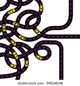Vector illustration with twisted roads and cars  on a white background