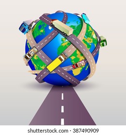 Vector illustration with twisted roads and trucks on the big globe.