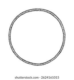 Ilustração vetorial de um círculo de corda trançado, desenhado à mão em tinta. Adequado como uma base dreamcatcher, aro de bordado, anel de macrame, quadro de coroa de flores sazonal, ou símbolo protetor esotérico em design.