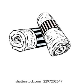 Vector illustration of twisted towels on white background. Black outline of two new fresh towels, graphic drawing in lines. For postcards, textile printing, posters, banners, logo, stickers, stamps