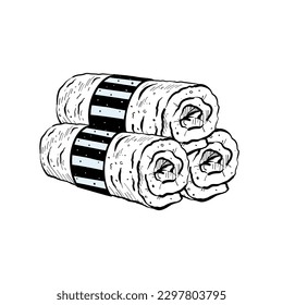 Vector illustration of twisted towels on white background. Black outline of three new fresh towels, graphic drawing in lines. For postcards, textile printing, posters, banners, logo, stickers, stamps
