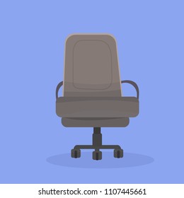 Vector illustration of a twisting office chair on wheels with an elegance brown upholstery seat and backrest on violet background. Isolated object. Front view. Cartoon, flat style