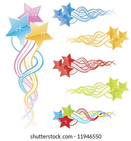 Vector illustration of twitchy glossy modern falling stars in different colors: pink, blue, green, red, yellow. Shiny finish with sparks.