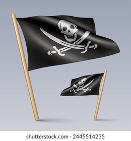 Vector illustration of two 3D Jolly Roger pirates flag icons with wooden sticks, isolated on grey background. Created using gradient meshes, EPS 10 vector