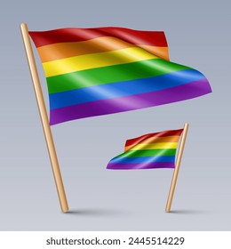 Vector illustration of two 3D LGBT flag icons with wooden sticks, isolated on grey background. Created using gradient meshes, EPS 10 vector