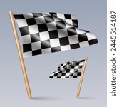 Vector illustration of two 3D Racing flag icons with wooden sticks, isolated on grey background. Created using gradient meshes, EPS 10 vector