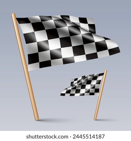 Ilustración vectorial de dos iconos de banderas 3D Racing con palos de madera, aislados sobre fondo gris. Creado con mallas degradadas, Vector EPS 10