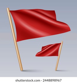 Vector illustration of two 3D-looking red color flag icons with wooden sticks, isolated on grey background. Created using gradient meshes, EPS 10 vector