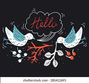 vector illustration of two abstract birds, berries and plants