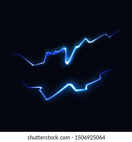 Vector Illustration of Two Abstract Blue Lightning on Black Background. Blitz Lightning Thunder Light Sparks Storm Flash Thunderstorm. Power Energy Charge Thunder Shock