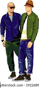 Vector illustration of  two abstract men in jeans on a white background 