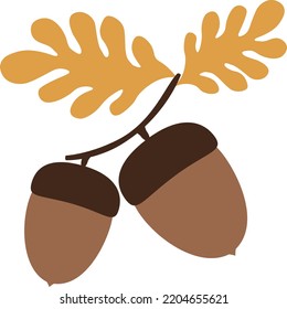 Vector illustration of two acorns, oak branch and  orange leaves