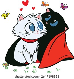 Vector illustration of two adorable cats with love hearts and butterflies in clean line art and silhouette style, perfect for Valentine’s Day, Friendship Day, pet love, greeting cards, nursery decor, 