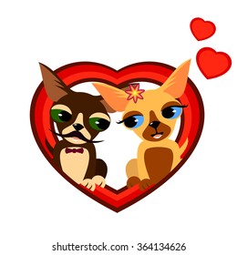 Vector illustration of two adorable Chihuahua dogs being in love. Made in flat cartoon style. Can be used as St. Valentine day gift card or just a funny sticker.
