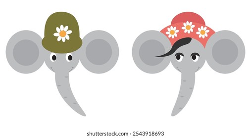 Vector illustration of two adorable elephants wearing hats with flowers.