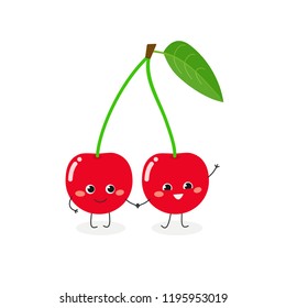 Vector illustration of two adorable funny cherries holding hands, isolated on white background