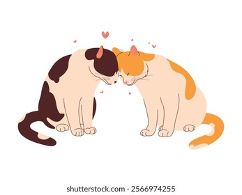 Vector illustration of two affectionate cats touching foreheads with hearts around them. A sweet design for love, friendship, and pet-themed projects or Valentine's Day.