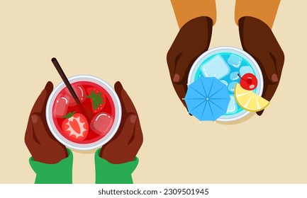 Vector illustration of two african american friends drinking refreshing cocktail, glass of strawberry drink and blue lagoon, bar table top view. Summer vacation with a friend. Cold alcohol. 10 eps