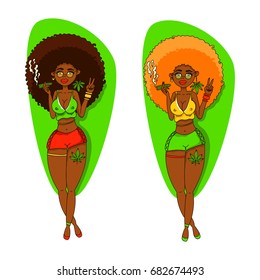 Vector illustration with two african american sexy girl. Smoking marijuana lady. 