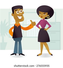 A vector illustration of two african office worker characters in office setting.
