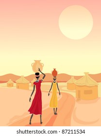 Vector Illustration Of Two African Women Carrying Water To A Small Traditional Village In Eps 10 Format