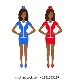 Vector illustration of two afro american stewardesses with hands on waist. Red and blue uniform. Isolated on the white background.