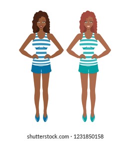 Vector illustration of two afro american girls in the sailor blue and mint singlet and shorts isolated on the white background