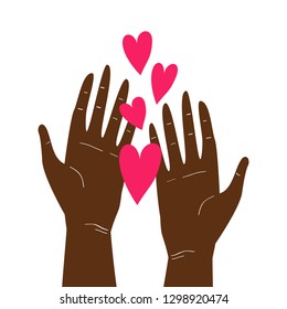 Vector illustration with two afro-american hands holding hearts isolated on white background. Happy Valentine's Day greeting card design, wedding invitation, love theme poster, save the planet