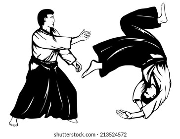 Ilustración vectorial Dos aikidokas llevan a cabo un lanzamiento