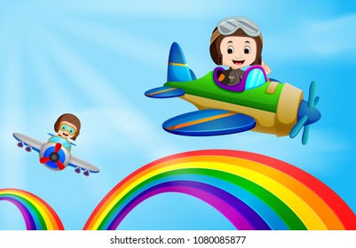 vector illustration of two air plane flying over rainbow