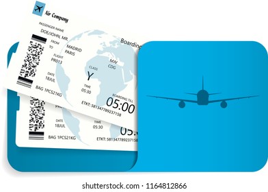 Vector illustration of two airline tickets or boarding pass inside of blue envelope.