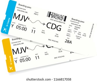 Vector illustration of two airline tickets or boarding pass. Concept of trip or journey