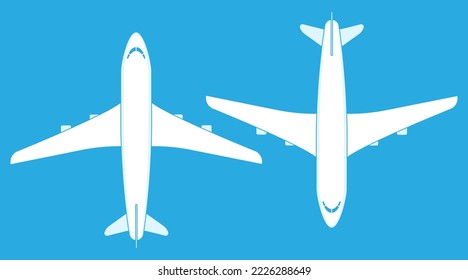 Ilustración vectorial de una vista superior de dos aviones sobre un fondo azul. Afiche de vacaciones de aviación