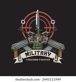 Vector Illustration of Two AK47, Grenade and Knife with Vintage Illustration Available for Shooting Badge