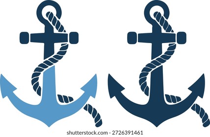 Ilustración vectorial de dos anclas en diferentes tonos de azul, con cuerda envuelta alrededor, sobre un fondo blanco